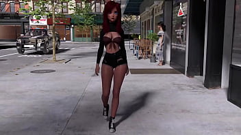 Alyson walking down sidewalk while her magical breasts show themselves in public