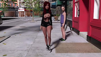 Alyson walking down sidewalk while her magical breasts show themselves in public