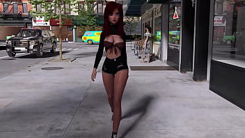 Alyson walking down sidewalk while her magical breasts show themselves in public