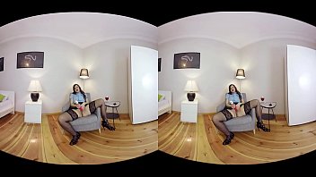 Brunette babe masturbating on chair