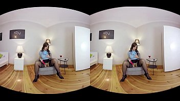 Brunette babe masturbating on chair