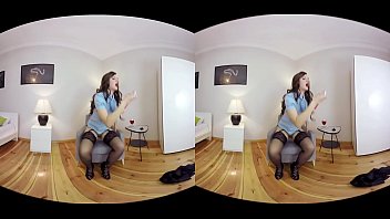 Brunette babe masturbating on chair