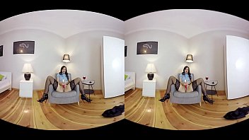 Brunette babe masturbating on chair