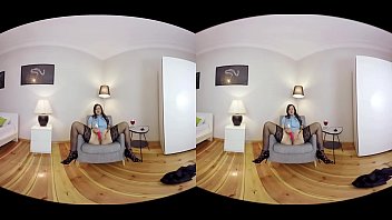 Brunette babe masturbating on chair