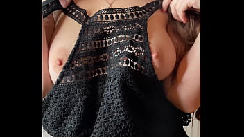 Busty slut brings herself to incredible orgasm with big dildo in black dress