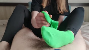 Sockjob in bright green ankle socks