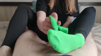 Sockjob in bright green ankle socks