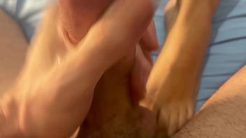 Pov latina step sister gives him a barefoot footjob until he cums on her pretty feet and toes