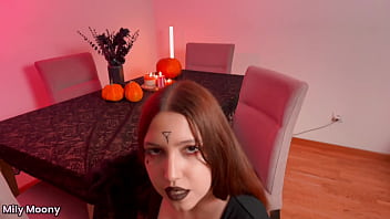 Hot redhead witch in shiny pantyhose traps you and obliges to creampie her pussy