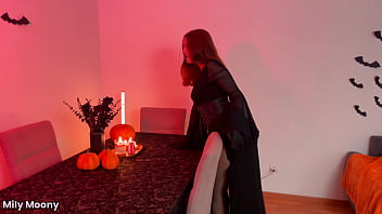 Hot redhead witch in shiny pantyhose traps you and obliges to creampie her pussy