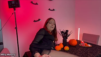 Hot redhead witch in shiny pantyhose traps you and obliges to creampie her pussy