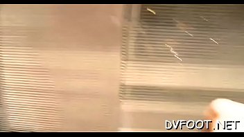 Nasty whore slams feet on wang