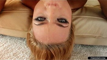 Trashy blonde teen gets thick facial in rough gang