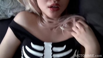 Beautiful asian 18yo teen fucks in a pink wig and in a leotard and gets a big facial