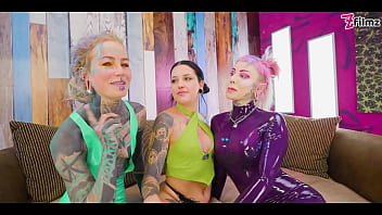 Two dominas gang up on goth chick to fill her holes with toys and make her cum