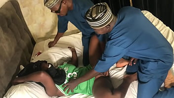 Traditional attired men combine to tear a meaty pussy up