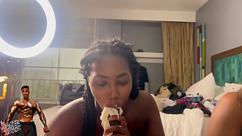 2 ebony baddies have a dick sucking contest and use their boy friends as the judges