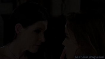 Sensual lesbian redhead scissors babe on desk