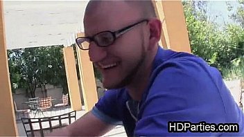 Lucky geek dude milked by three