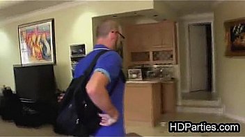 Lucky geek dude milked by three