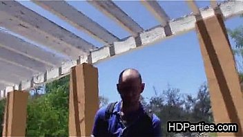 Lucky geek dude milked by three