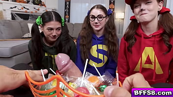 Jade valentine bella blu and megan mistakes shares cock for halloween