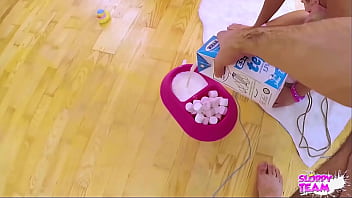 Fluffy slave pet on leash collared drinks milk from cock