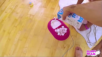 Fluffy slave pet on leash collared drinks milk from cock