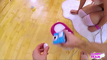 Fluffy slave pet on leash collared drinks milk from cock