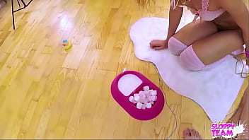 Fluffy slave pet on leash collared drinks milk from cock