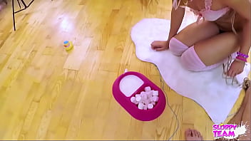 Fluffy slave pet on leash collared drinks milk from cock