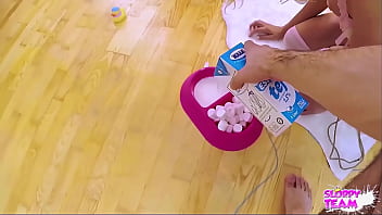 Fluffy slave pet on leash collared drinks milk from cock