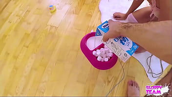 Fluffy slave pet on leash collared drinks milk from cock