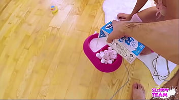 Fluffy slave pet on leash collared drinks milk from cock