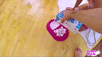 Fluffy slave pet on leash collared drinks milk from cock