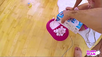 Fluffy slave pet on leash collared drinks milk from cock