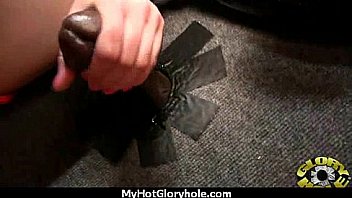 Ebony slut fucks a white gloryhole cock in her first interracial scene 25