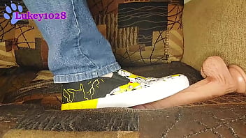 Kicking and stepping on dildo