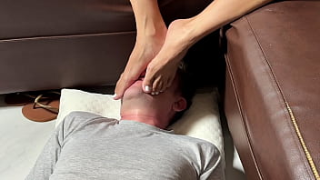 Wife humiliates husband with her sexy feet on his face
