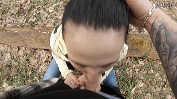 A walk for snowdrops turned into a juicy blowjob in the middle of the forest