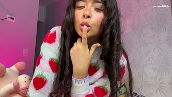 Girl with split tongue licks a lollipop and puts in ass