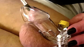 Dick play in chastity belt by makeup brush and my tongue