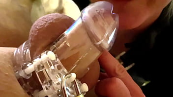 Dick play in chastity belt by makeup brush and my tongue
