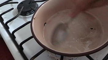 She gets a throat fuck and cooks the cum