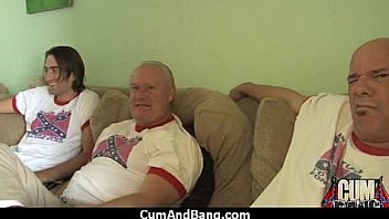 Ebony babe sucks group of white guys 18