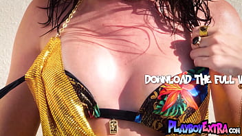 Classy milf muse reveals her hot boobs by the pool outdoor