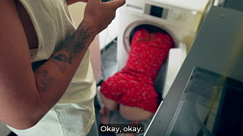Stepmom stuck in washer during gaming session begs for my hard cock deep inside