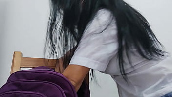 A female student in a short skirt starts a strange and sexual game she's in her chair at home masturbating her vaginal hole with a dildo she enjoys it like a whore