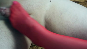 Plays with a dick in heels and jerks off a dick with her feet foot fetish cumshot on her feet