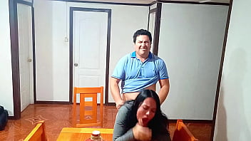 Sex before breakfast on the dining table with a stepmother taken by surprise